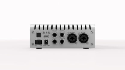 Audio equipment with multiple ports and I/O on a white background