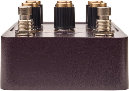 Angled rear view of the Universal Audio UAFX Lion ’68 showing audio connections, control knobs, and metal enclosure