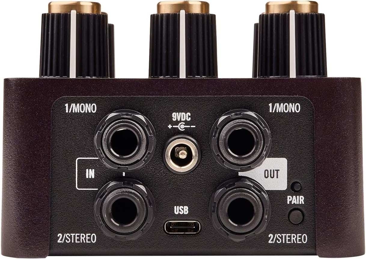 Rear view of the Universal Audio UAFX Lion ’68 showing stereo inputs, stereo outputs, USB-C port, and power connection