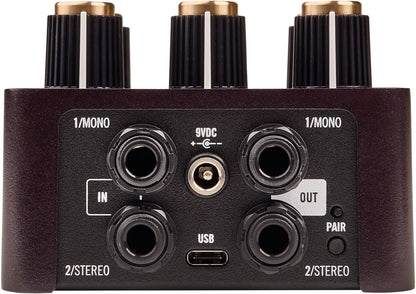 Rear view of the Universal Audio UAFX Lion ’68 showing stereo inputs, stereo outputs, USB-C port, and power connection