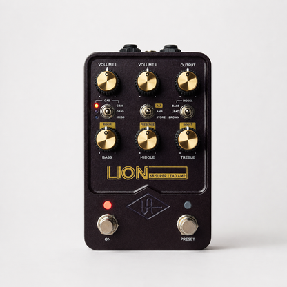 Universal Audio UAFX Lion ’68 Super Lead amp emulator pedal front view with dual footswitches and amplifier controls