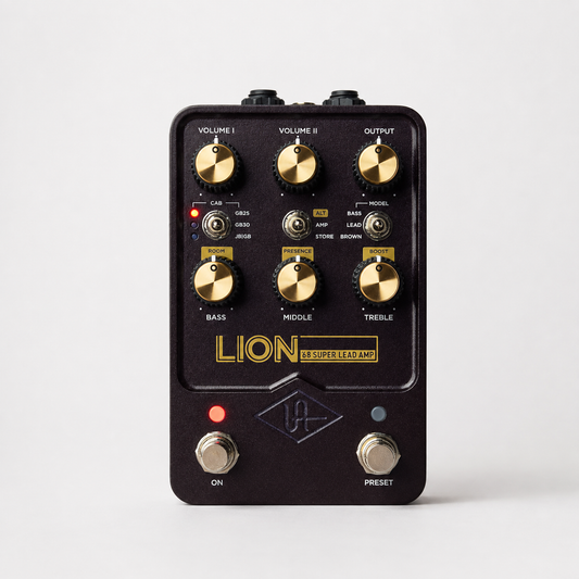 Universal Audio UAFX Lion ’68 Super Lead amp emulator pedal front view with dual footswitches and amplifier controls