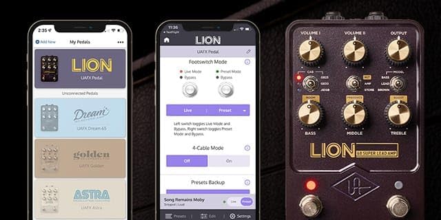 Universal Audio UAFX Lion ’68 amp emulator pedal shown with the UAFX Control mobile app and preset options