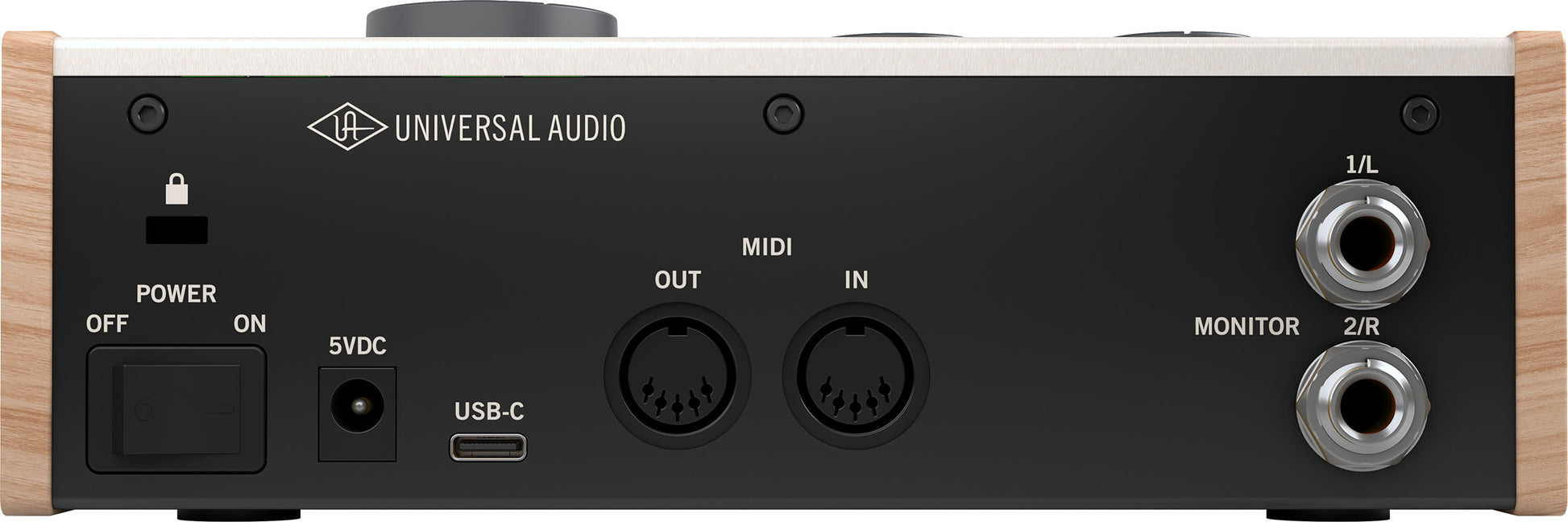 Universal Audio Volt 276 rear panel with USB-C, 5V DC power, MIDI In/Out, balanced monitor outs 1/L & 2/R, and power switch
