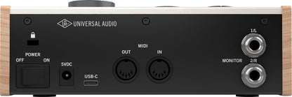 Universal Audio Volt 276 rear panel with USB-C, 5V DC power, MIDI In/Out, balanced monitor outs 1/L & 2/R, and power switch