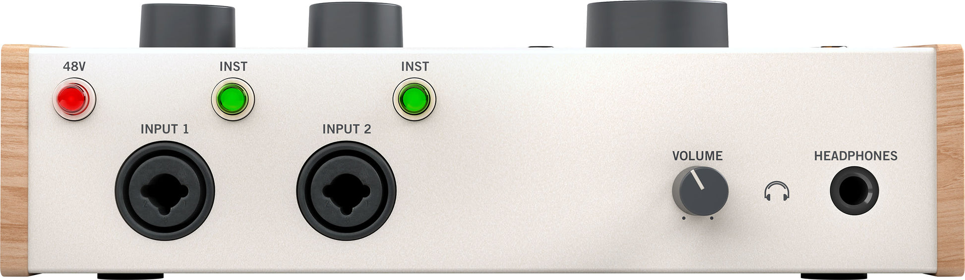 Audio interface with input jacks, volume control, and headphone output on a white background