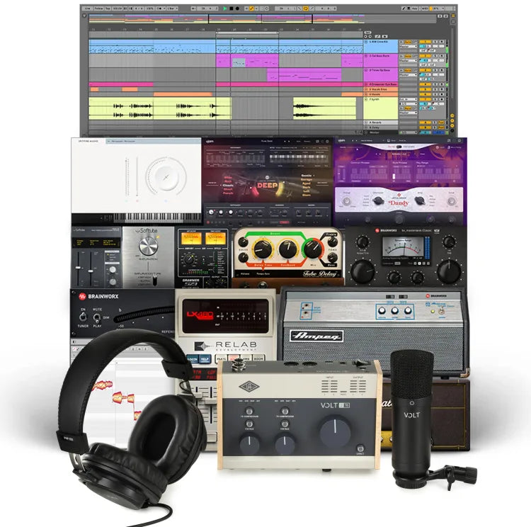 Universal Audio Volt studio bundle with software suite and plug-ins display.