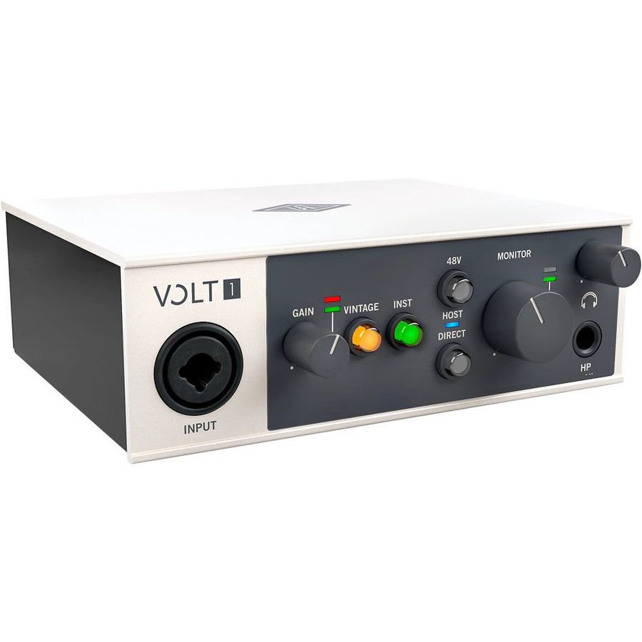 Angled front-side view of Universal Audio Volt 1 audio interface highlighting vintage and instrument buttons