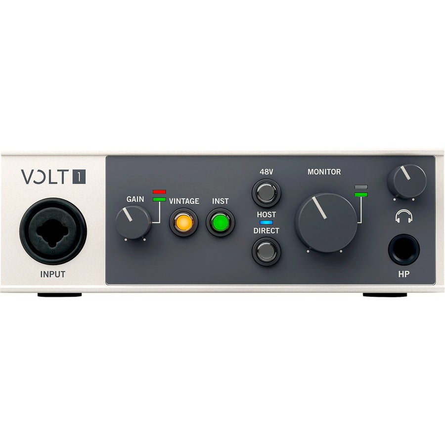 Front view of the Universal Audio Volt 1 USB-C audio interface showing input, gain, and monitor controls