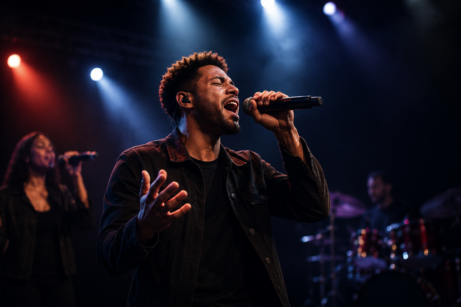 A male singer performing on stage, holding a microphone and singing with an expressive pose. A female singer is visible in the background, along with stage lighting and a drum set.