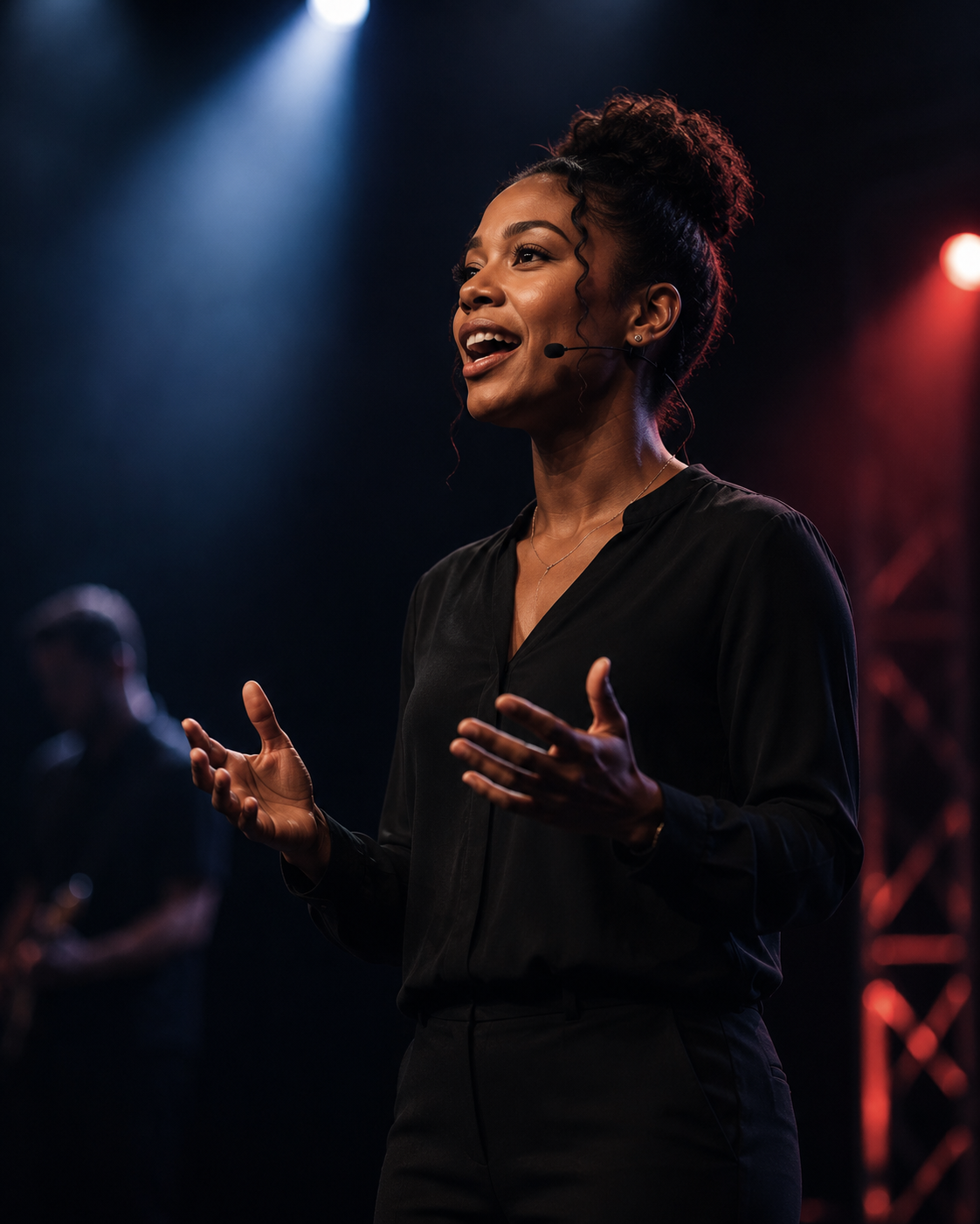 A woman with her hair in a high bun stands on a stage wearing a black long-sleeve top and black bottoms, gesturing with her hands under dramatic stage lighting with blue and red spotlights.