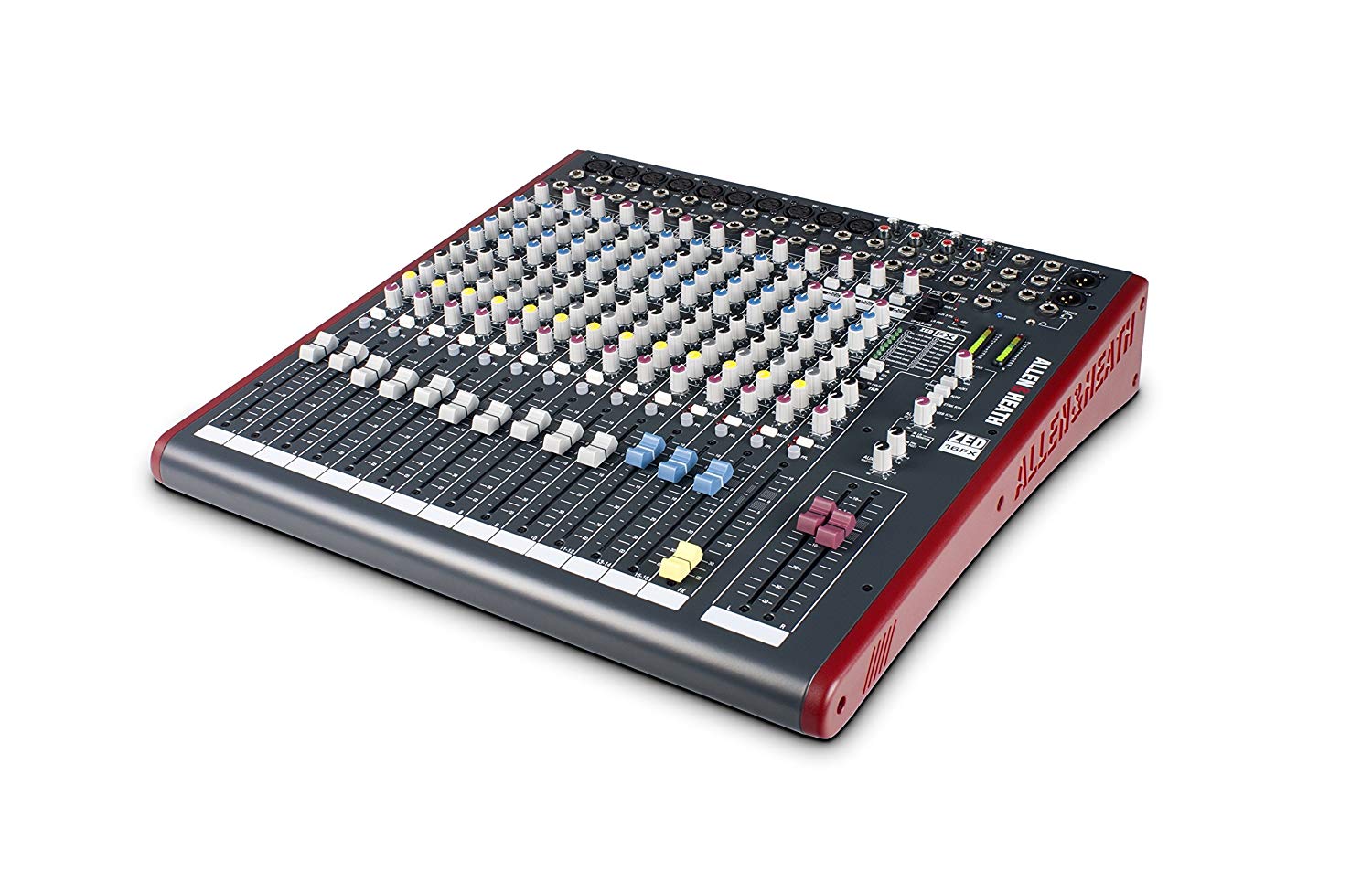 Allen & Heath ZED-16FX 16-channel analog mixer with faders, EQ, and built-in effects.