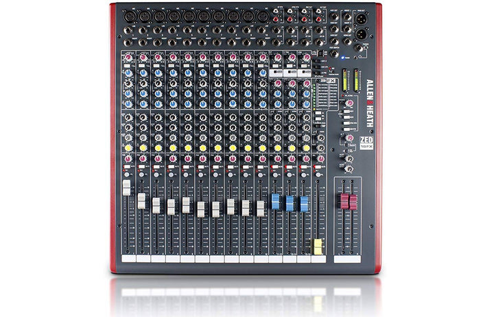 Front-facing image of Allen & Heath ZED-16FX mixer highlighting layout and channel controls.