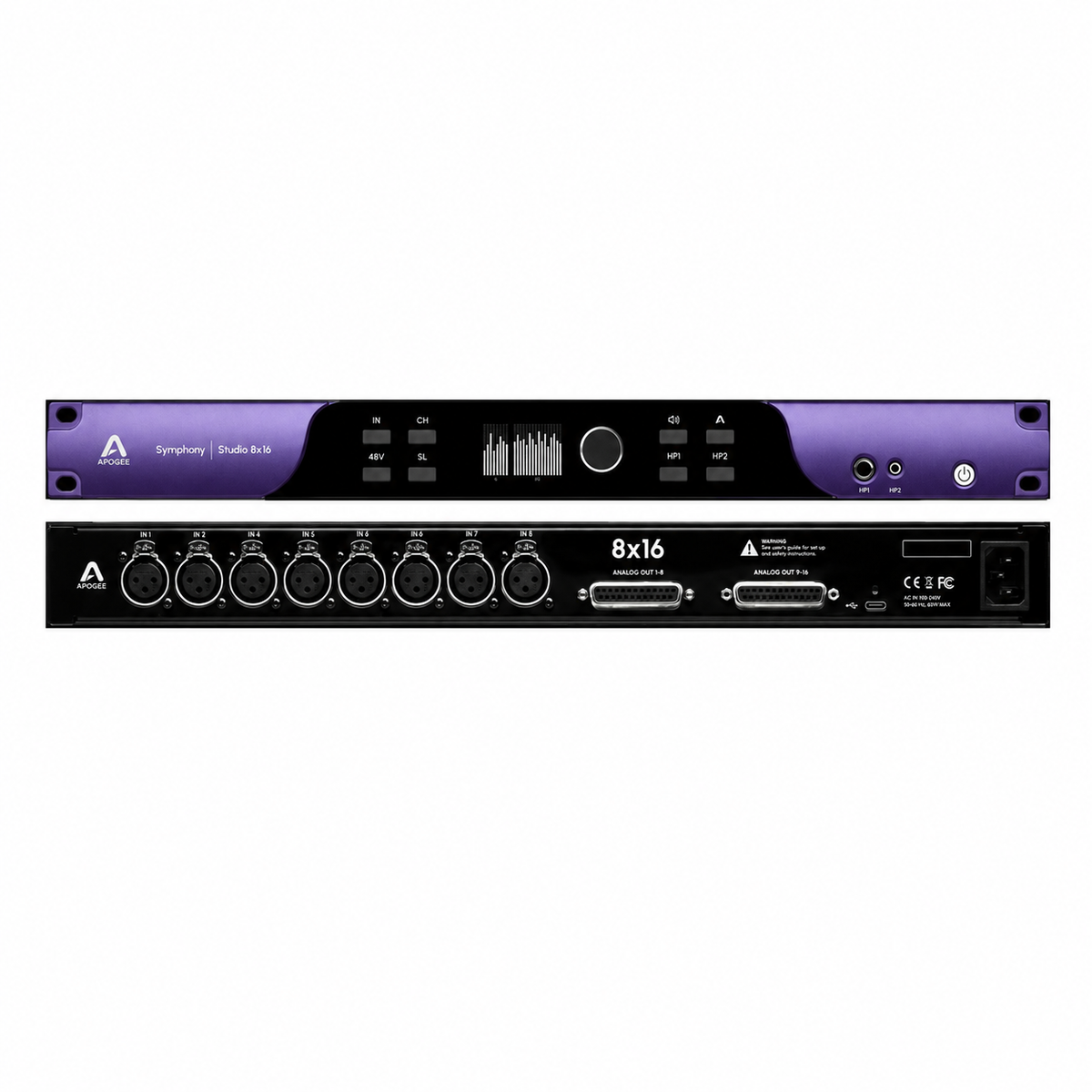 Apogee Symphony Studio 8x16 professional audio interface, front and rear views