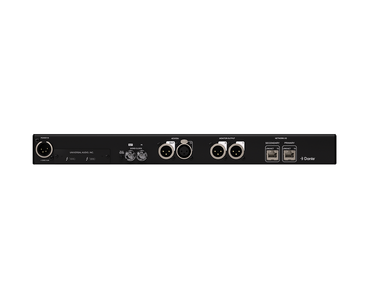 Universal Audio Apollo x16D rear panel with Dante AES and Thunderbolt connections