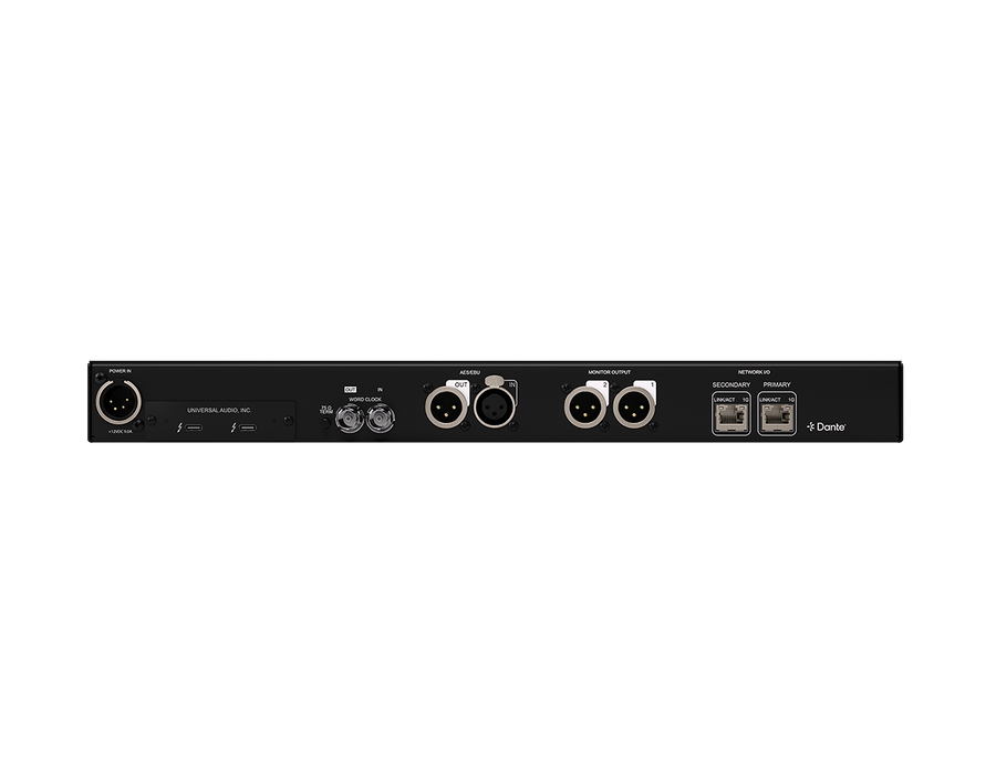 Universal Audio Apollo x16D rear panel with Dante AES and Thunderbolt connections