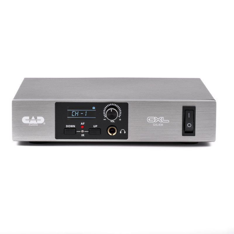 Front view of the CAD Audio GXLIEM wireless in-ear monitor transmitter with LCD display and headphone controls
