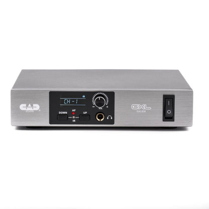 Front view of the CAD Audio GXLIEM wireless in-ear monitor transmitter with LCD display and headphone controls