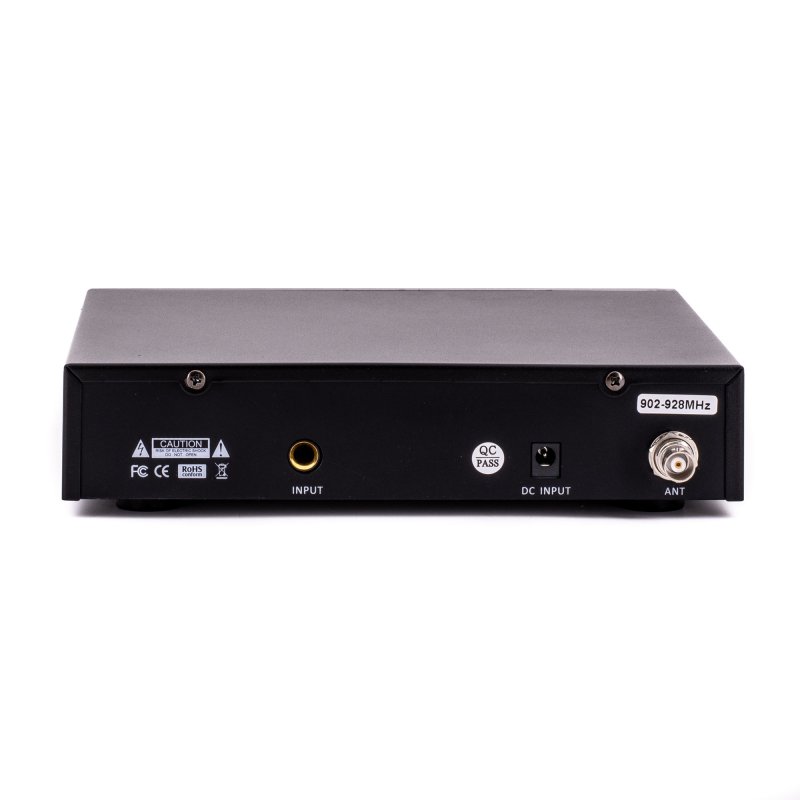 Rear view of the CAD Audio GXLIEM wireless in-ear monitor transmitter showing audio inputs, antenna connection, and power input