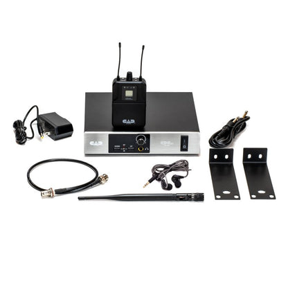 CAD Audio GXLIEM wireless in-ear monitor system with transmitter, bodypack receiver, earbuds, antenna, cables, power supply, and rackmount brackets