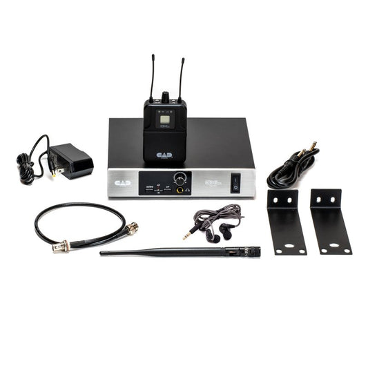 CAD Audio GXLIEM wireless in-ear monitor system with transmitter, bodypack receiver, earbuds, antenna, cables, power supply, and rackmount brackets