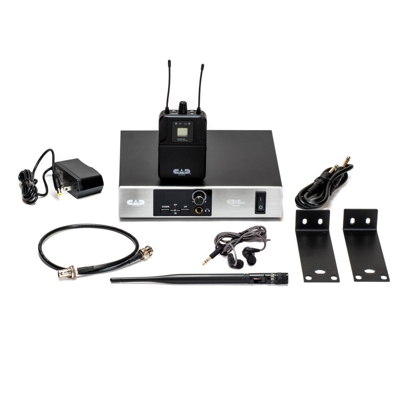 CAD Audio GXLIEM wireless in-ear monitor system with transmitter, bodypack receiver, earbuds, antenna, cables, power supply, and rackmount brackets