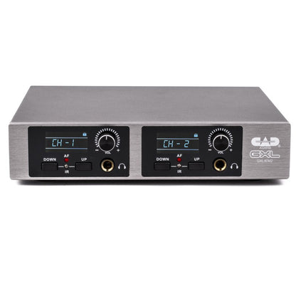 Front view of the CAD Audio GXLIEM2 dual-mix wireless in-ear monitor transmitter with two LCD displays and headphone controls