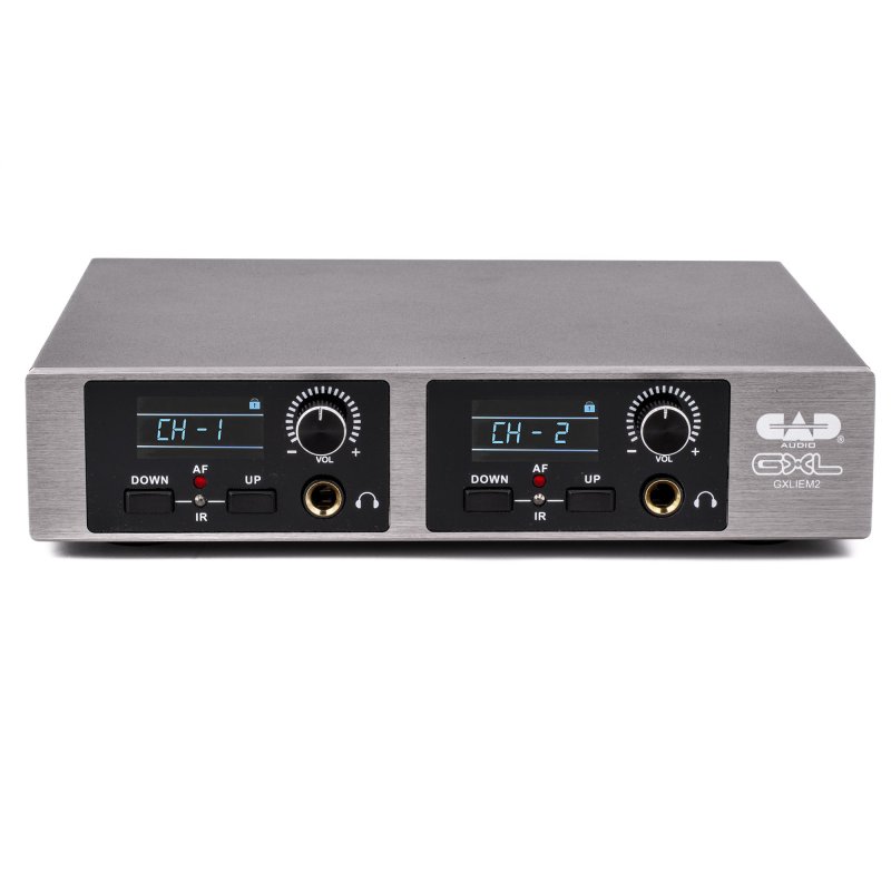 Front view of the CAD Audio GXLIEM2 dual-mix wireless in-ear monitor transmitter with two LCD displays and headphone controls