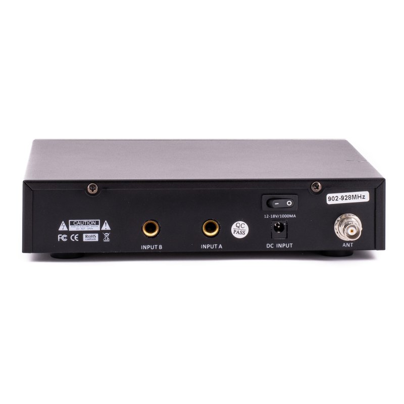 Rear view of the CAD Audio GXLIEM2 dual-mix wireless in-ear monitor transmitter showing audio inputs, antenna connections, and power input