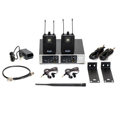CAD Audio GXLIEM2 dual-mix wireless in-ear monitor system with transmitter, two bodypack receivers, earbuds, antennas, cables, power supply, and rackmount brackets