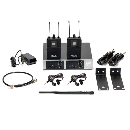 CAD Audio GXLIEM2 dual-mix wireless in-ear monitor system with transmitter, two bodypack receivers, earbuds, antennas, cables, power supply, and rackmount brackets