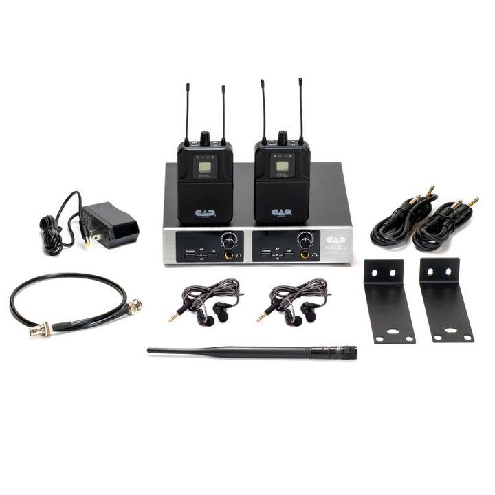 CAD Audio GXLIEM2 dual-mix wireless in-ear monitor system with transmitter, two bodypack receivers, earbuds, antennas, cables, power supply, and rackmount brackets