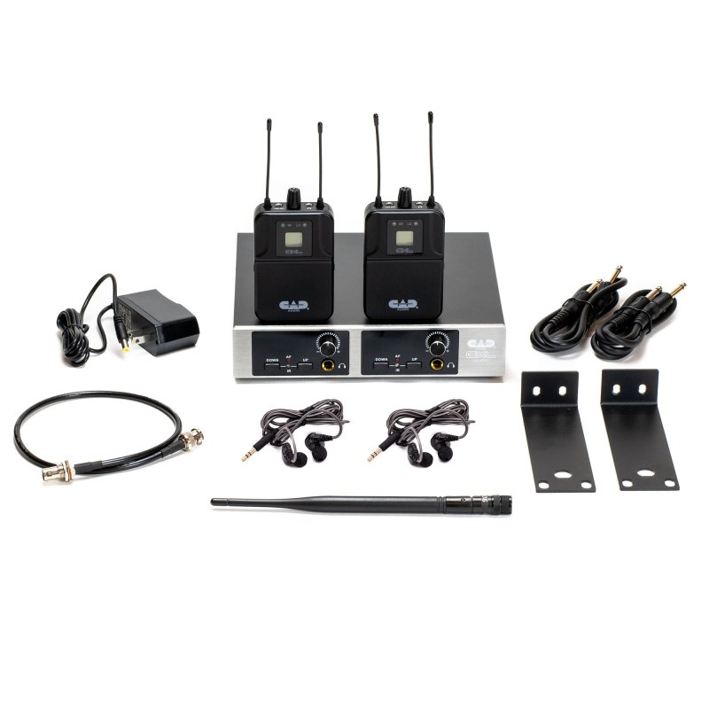 CAD Audio GXLIEM2 dual-mix wireless in-ear monitor system with transmitter, two bodypack receivers, earbuds, antennas, cables, power supply, and rackmount brackets