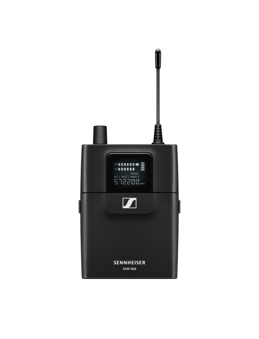 Front view of the Sennheiser XSW IEM EK-A wireless bodypack receiver with antenna, display, and controls