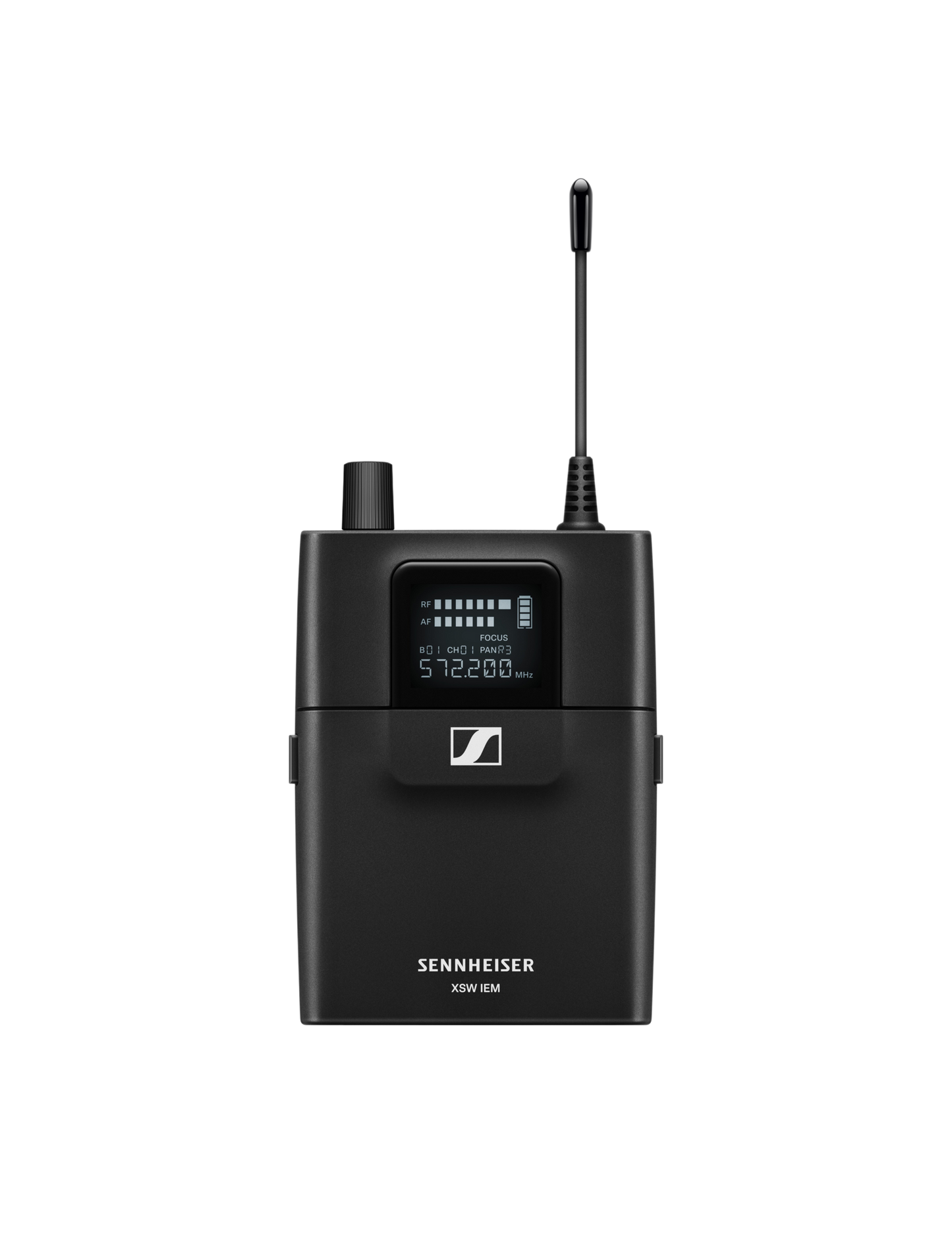Front view of the Sennheiser XSW IEM EK-A wireless bodypack receiver with antenna, display, and controls