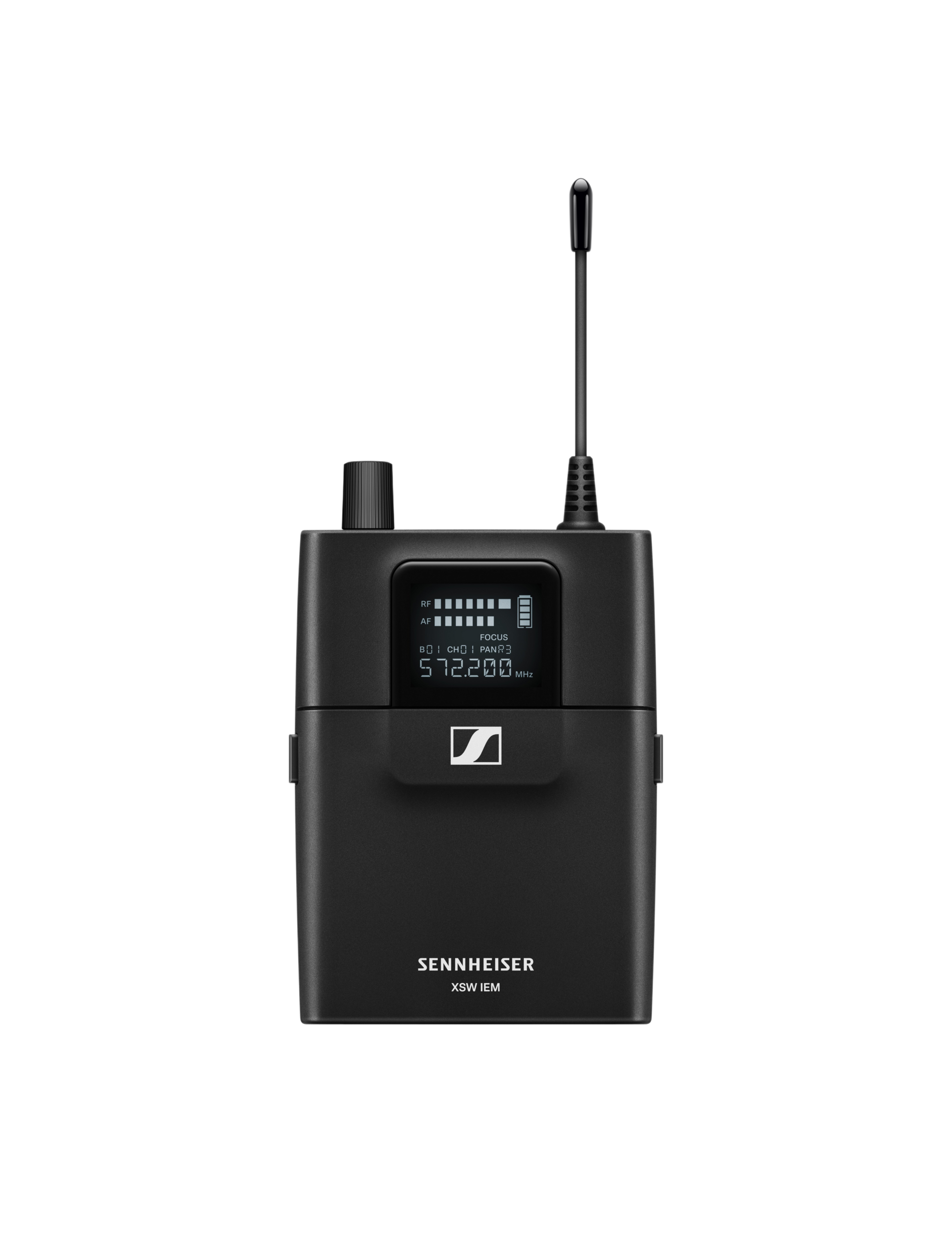 Front view of the Sennheiser XSW IEM EK-A wireless bodypack receiver with antenna, display, and controls
