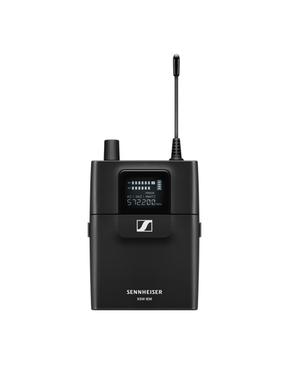 Front view of the Sennheiser XSW IEM EK-A wireless bodypack receiver with antenna, display, and controls