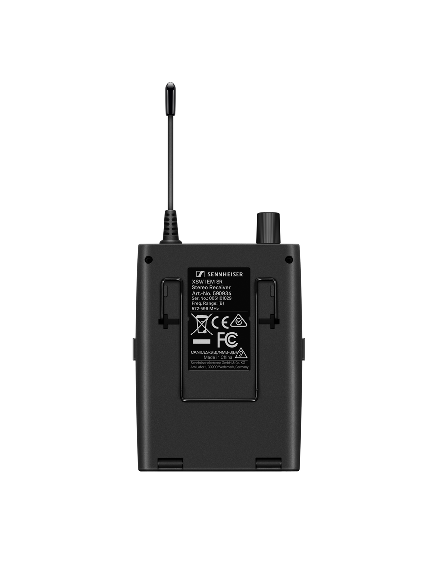 Rear view of the Sennheiser XSW IEM EK-A bodypack receiver with belt clip and battery compartment