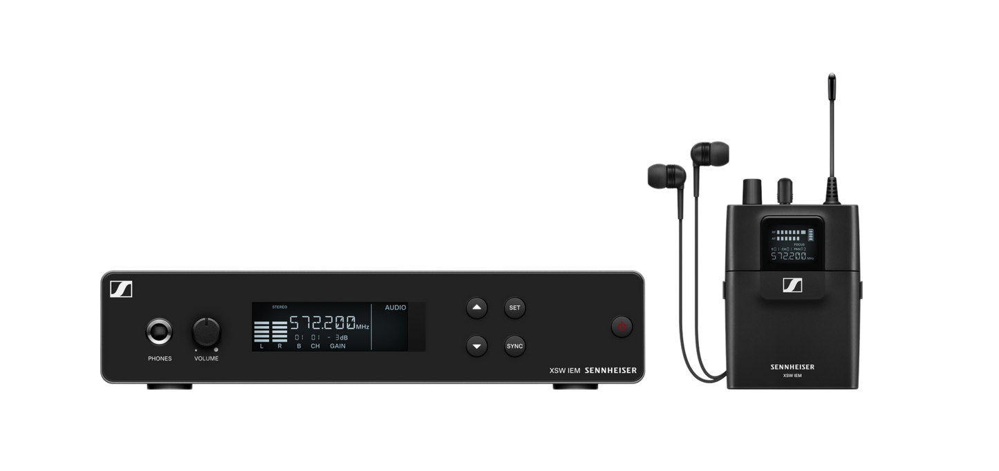 Sennheiser XSW IEM Set A wireless in-ear monitoring system with transmitter, bodypack receiver, and IE 4 earphones