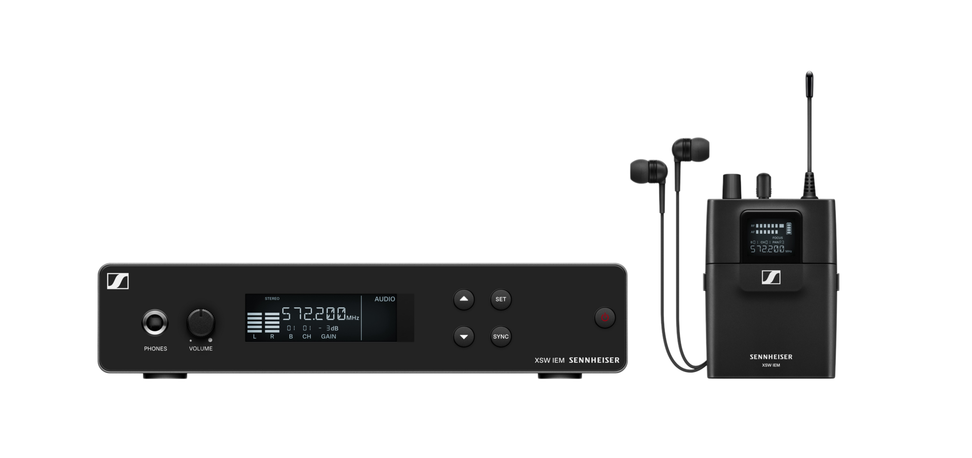 Sennheiser XSW IEM Set A wireless in-ear monitoring system with transmitter, bodypack receiver, and IE 4 earphones