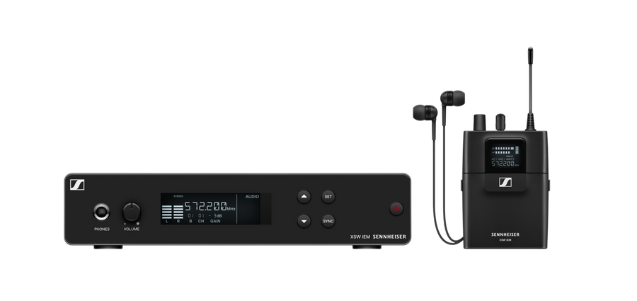 Sennheiser XSW IEM Set A wireless in-ear monitoring system with transmitter, bodypack receiver, and IE 4 earphones
