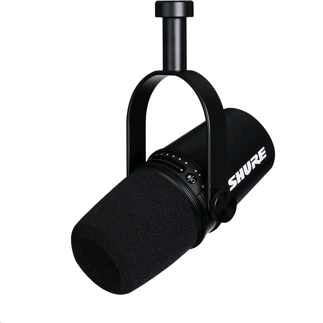 Shure MV7+ black hybrid USB-C and XLR podcast microphone with yoke mount