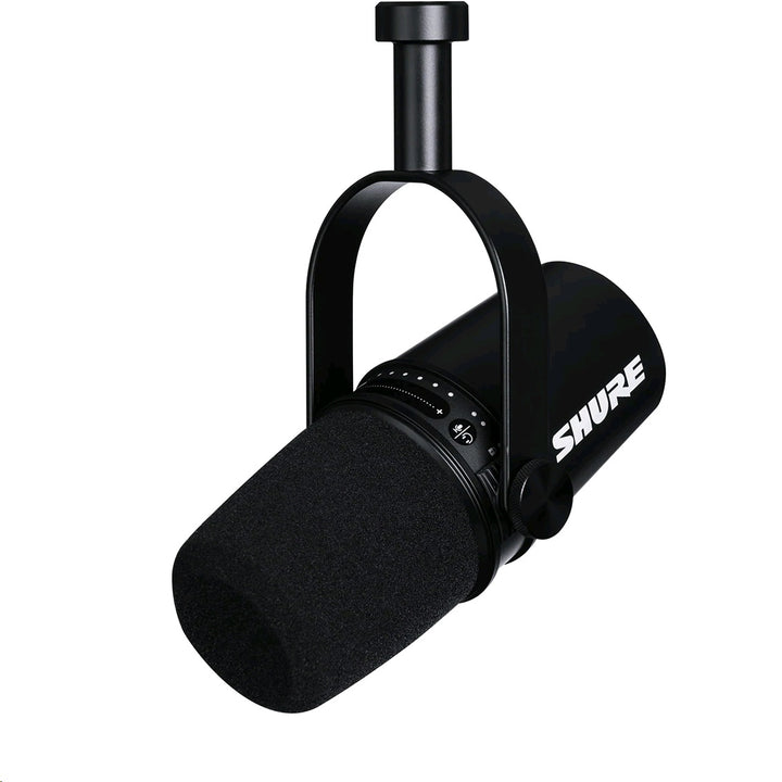 Shure MV7+ black hybrid USB-C and XLR podcast microphone with yoke mount