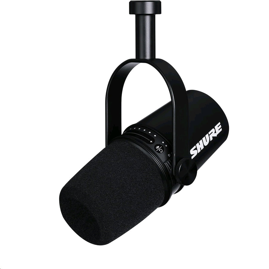 Shure MV7+ black hybrid USB-C and XLR podcast microphone with yoke mount