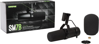 Shure SM7B microphone with retail box, windscreen, and included accessories
