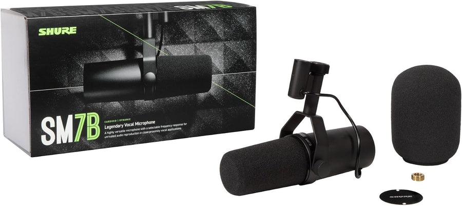Shure SM7B microphone with retail box, windscreen, and included accessories