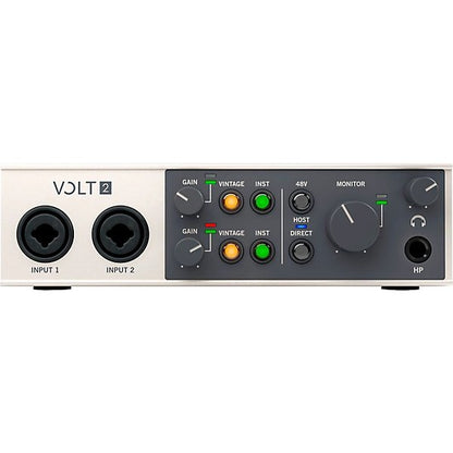 Front panel of the Universal Audio Volt 2 with visible gain knobs, vintage mode switches, 48V phantom power, input monitoring options, and headphone output