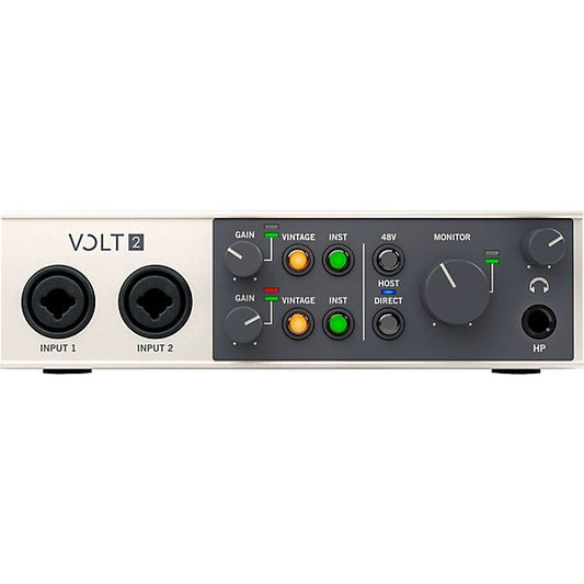 Front panel of the Universal Audio Volt 2 with visible gain knobs, vintage mode switches, 48V phantom power, input monitoring options, and headphone output