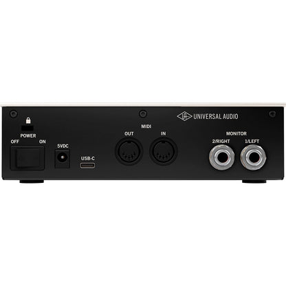 Rear panel of the Universal Audio Volt 2 featuring USB-C port, MIDI in/out, 5V DC input, monitor outputs, and power switch