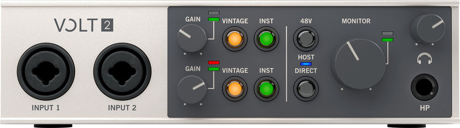 Audio interface with 'VOLT2' branding on a gray background